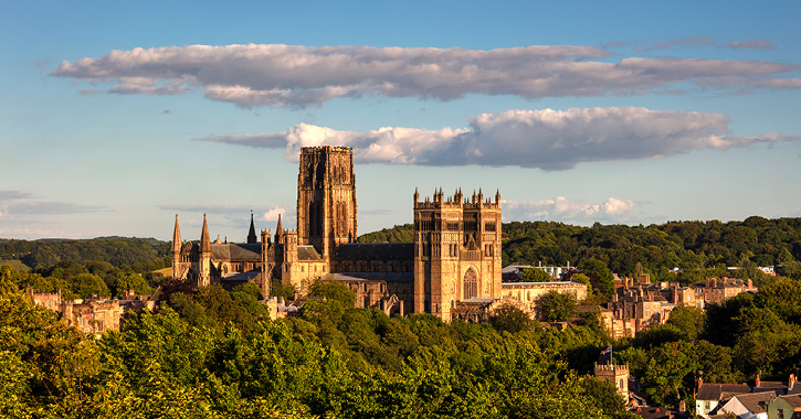 Durham Cathedral at sunset in County Durham.